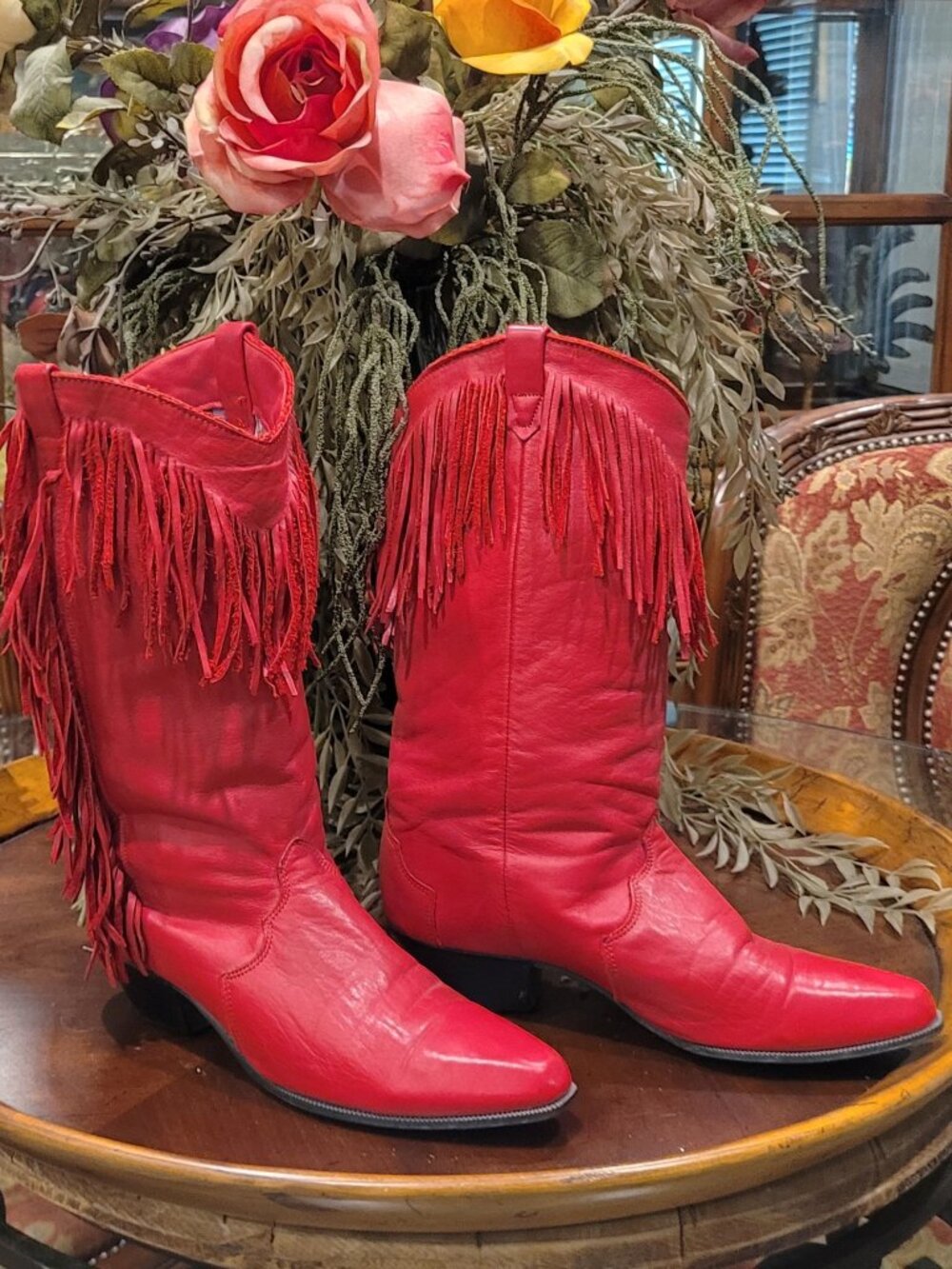 Vintage Dingo Boots Red Leather Fringe Western Cowboy Boots US Size 8.5
